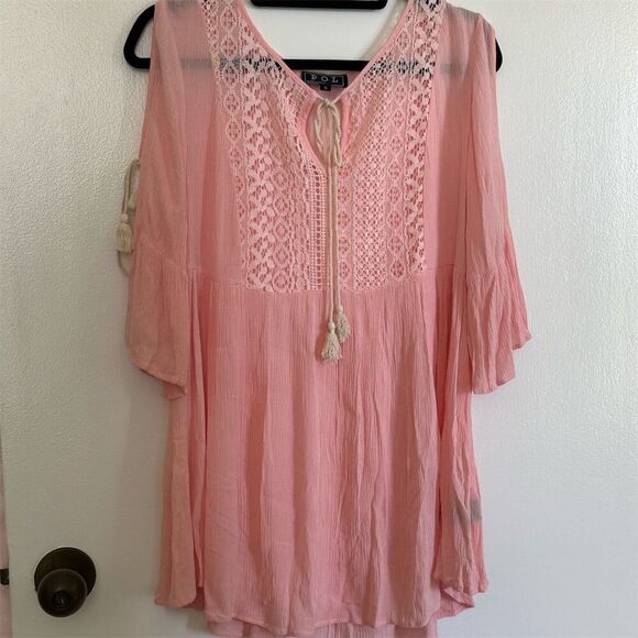 Pol Women's Pink Lace Cold Shoulder Peasant Blouse Size S 3/4 Sleeve Tunic - Picture 1 of 8
